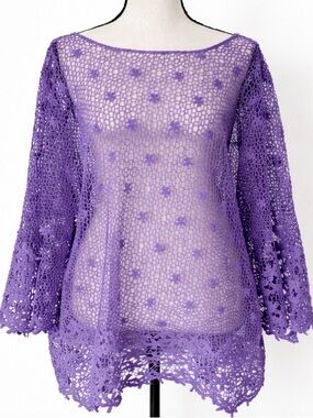 Crochet Lace Top Sheer Boho Floral Bell Sleeve Purple Tunic Size 3X Cover Up
